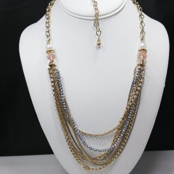 Chico's Pink Crystal Faux Pearl Multi-Strand Chain Necklace, 27 Inches - Picture 2 of 12